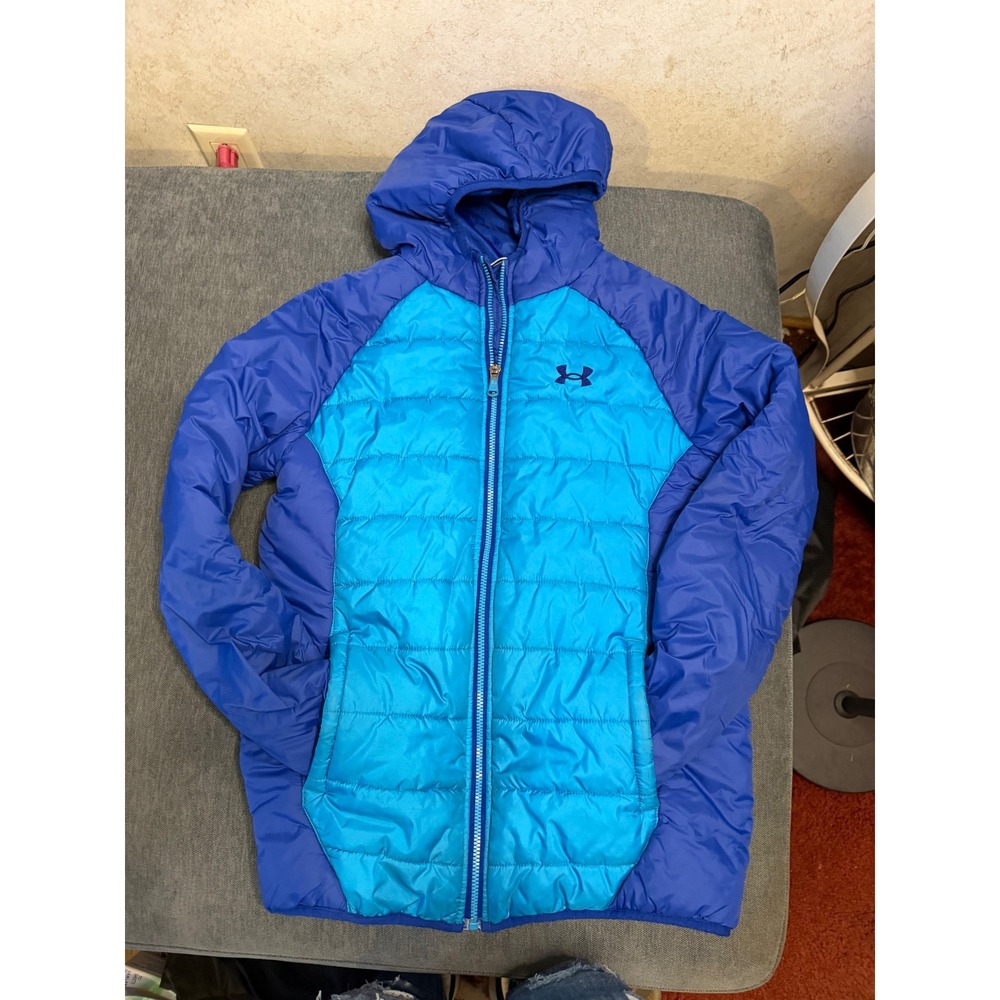Under Armour ColdGear Kids Puffer Jacket Blue Full Zip Hooded Coat YLG Large